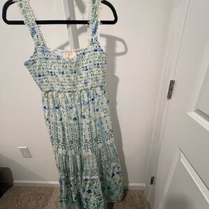 ROCOCO SAND Elan Womens Dress M Blue Green Print Smocked Sleeveless Maxi